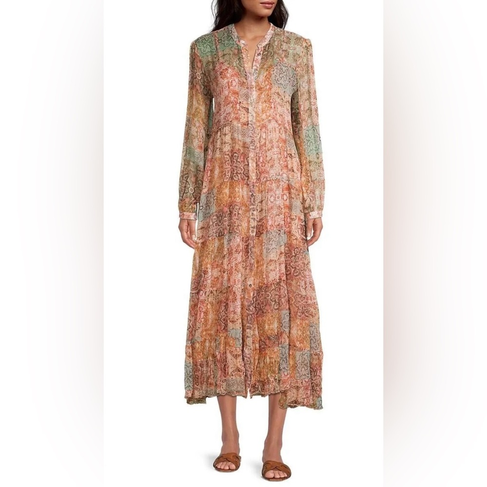 Johnny Was Sabrina Silk Tiered Print Midi-Dress XS